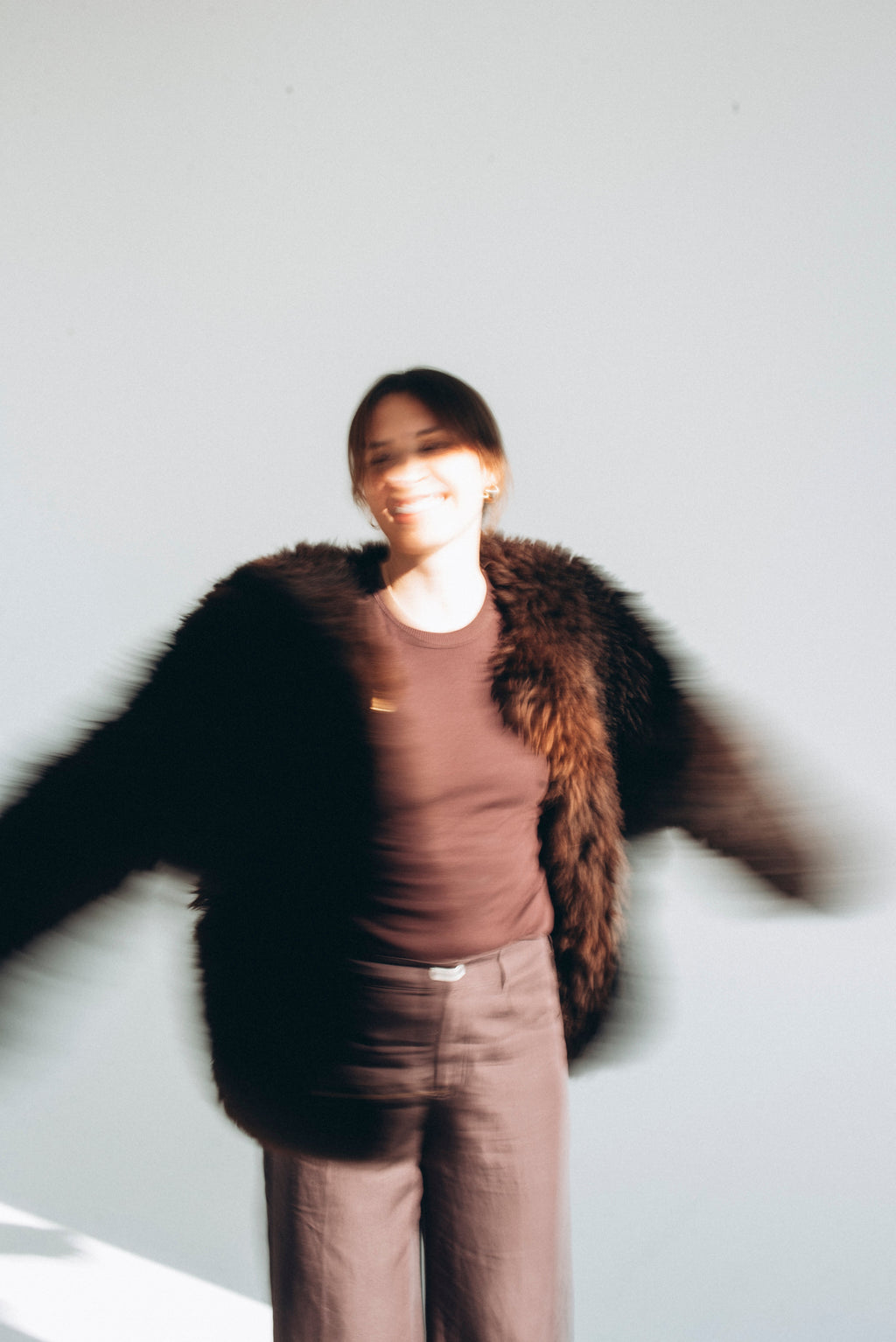 Sheepskin Fur / Coat with Burgundy Silk Lining - Brown