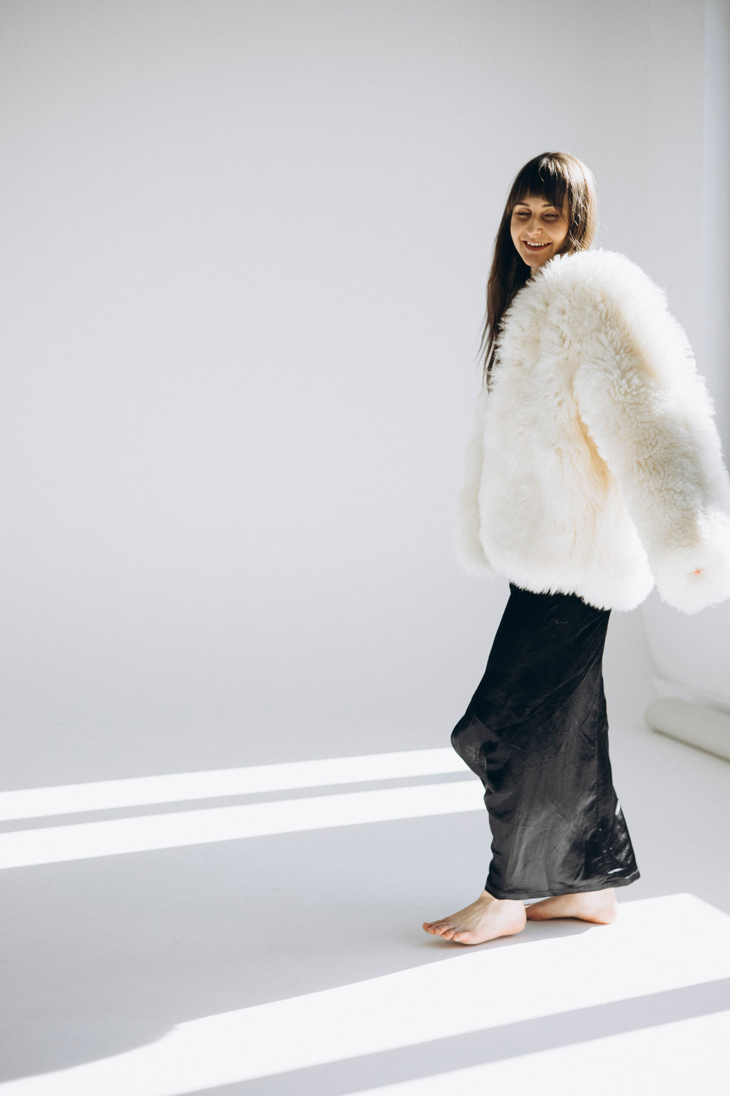 Sheepskin Fur / Coat with Burgundy Silk Lining - White