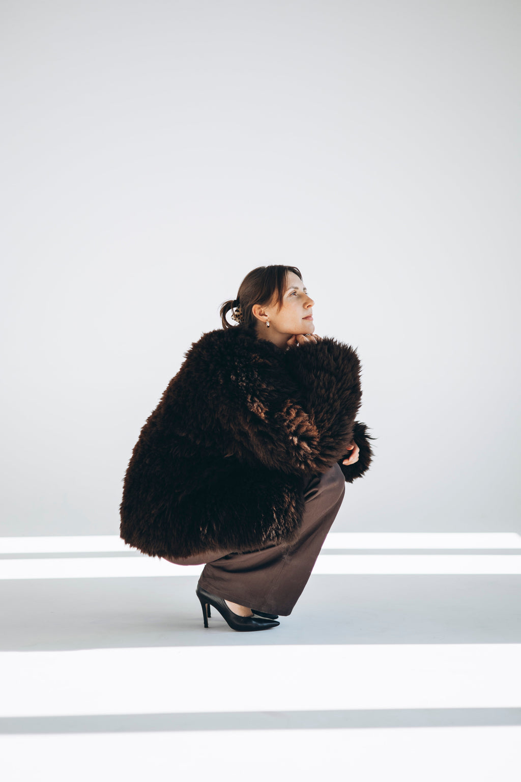 Sheepskin Fur / Coat with Burgundy Silk Lining - Brown